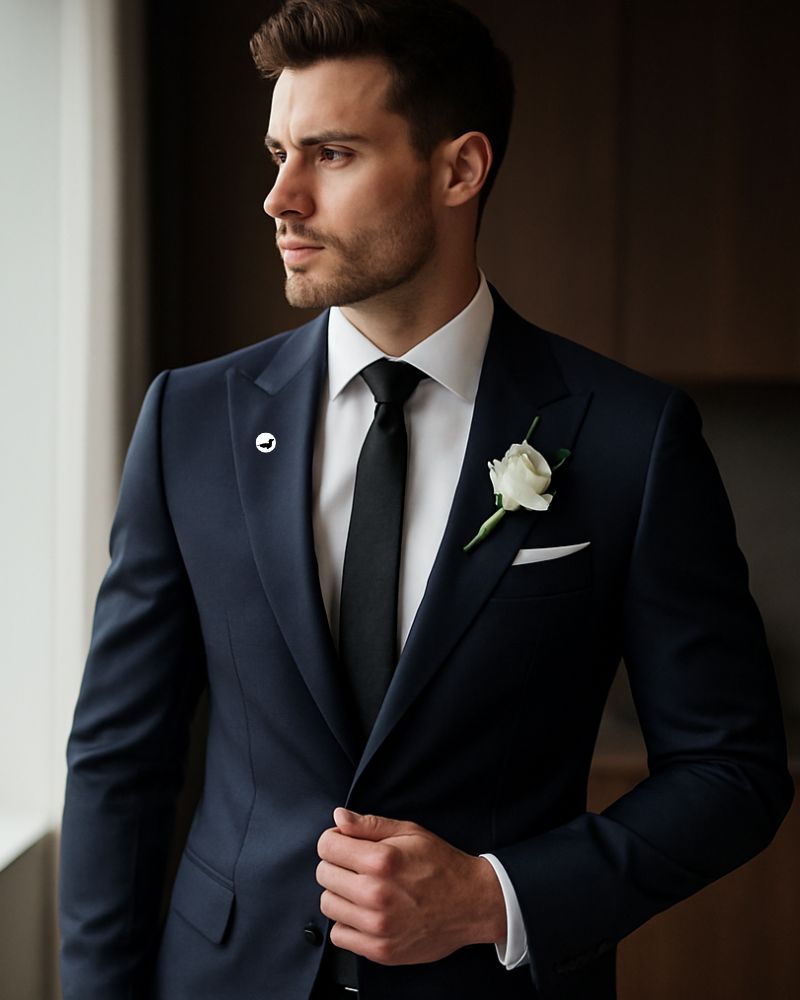 Novio elegante con traje azul